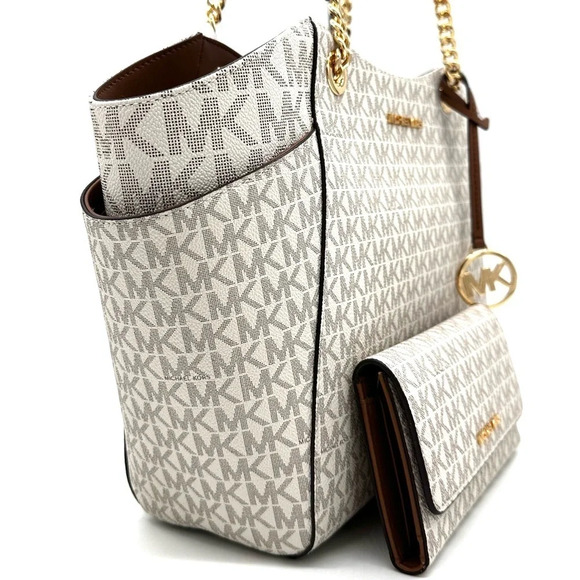 Michael Kors Large Jet Set Travel Chain Shoulder Bag & Trifold Wallet Vanilla - Picture 4 of 14